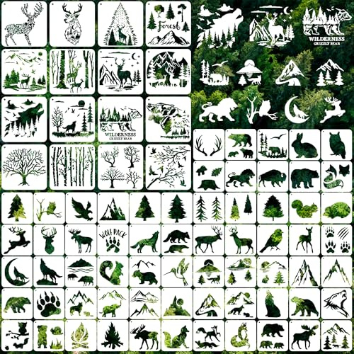 81 Pezzi Set Stencil Animali del Bosco, 7-20 cm Stencil Riutilizzabili per Pittura, Stencil Animali in Plastica Modelli da Disegno per DIY Legno Mobili Parete Tela Tessuto