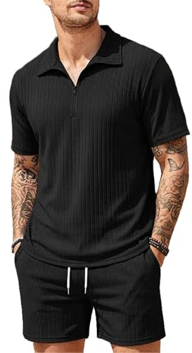 QUNERY Conjunto Verano Hombre 2 Piezas Cremallera Camiseta y Pantalones Cortos Negocios Chándal de Ocio con Bolsillos Negro XL
