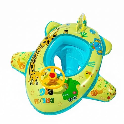 Inflatable Baby Swimming Float with Steering Wheel & Seat Toddler Pool Float with Interactive Horn Airplane & Car Shape Swim Ring for Kids 1-5Years Baby Summer Pool Toys for Outdoor Water Fun (Yellow)