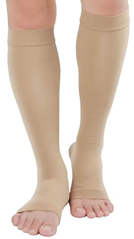 TOFLY Calcetines de compresión, graduados a 20-30mmHg para hombres y mujeres, opacos, con punta abierta, medias de compresión a la altura de las rodillas con soporte firme ideales para, Beige S