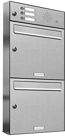 AL Briefkastensysteme 2er Briefkastenanlage mit Klingel, V2A Edelstahl, Premium Doppel-Briefkasten DIN A4, 2 Fach Postkasten modern Aufputz