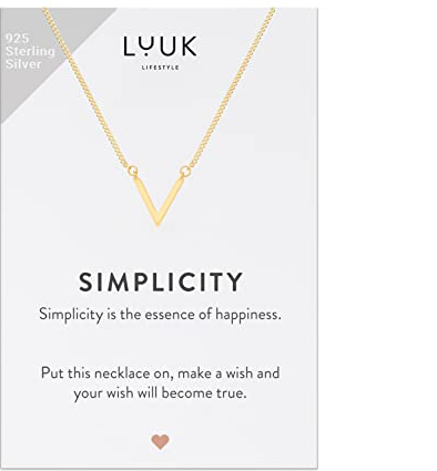LUUK LIFESTYLE Halskette aus 925er Sterlingsilber mit Victory | V Zeichen Anhänger und Karte mit SIMPLICITY Spruch, Glücksbringer auf Reise, handgefertigt, Modeschmuck für Frauen, Geschenkkarte, Gold