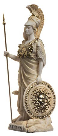 Vackra grekiska statyer Athena med uggla Medusa håller sköld grekisk gudinna alabaster-staty guld 17 cm