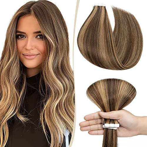 SEGO Haarverlängerung Tape Extensions Echthaar Klebeband 10 PCS Haarteile Glatt 100% Remy Human Haar Mittelbraun/Honigblond #4p27 40.64 cm (25 g)