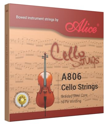 Alice 4/4 Cello Strings Set - Braided Steel Core with Ni-Fe Winding Cello String for 4/4 Cellos - Clear & Balanced Tone, Ideal for Professionals (Alice A806)