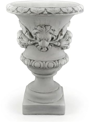 gartendekoparadies.de Pflanzkübel mit Löwenkopf-Ornament, 69 cm hohes Pflanzgefäß aus Steinguss, ca 20 l, 63 kg, Grau, frostsicher für Außenbereich