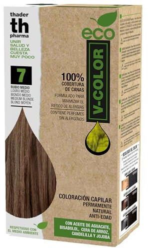 Thader Th Pharma ECO V-Color Kit de Coloración Capilar Permanente sin amoniaco 100% cobertura de canas, 120 ml (No. 7 Rubio medio)