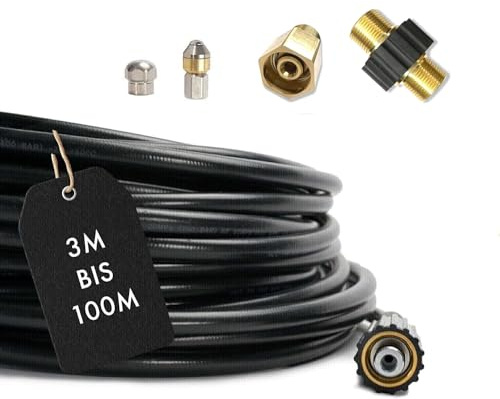 M&M Smartek Rohrreinigungsschlauch 50m, 5-Teilig mit Easy Lock | Starre und rotierende 1/8-Zoll-Edelstahldüse, M22-Kupplung und Easy-Lock-Adapter passend für Kärcher HD/HDS ab Q4 2017.