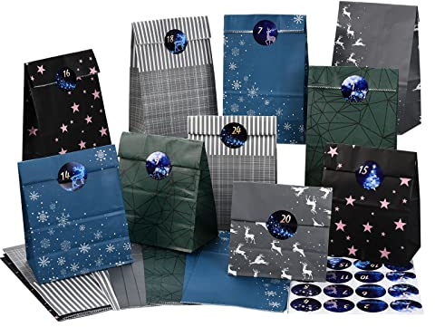 PANSIBY Adventskalender zum Befüllen, 24 Weihnachtskalender Geschenk Papiertüten Groß zum Selber Befüllen, Kraftpapiertüten Advents Tüten Selbstbefüllen mit Aufkleber für Kinder Junge und Männer