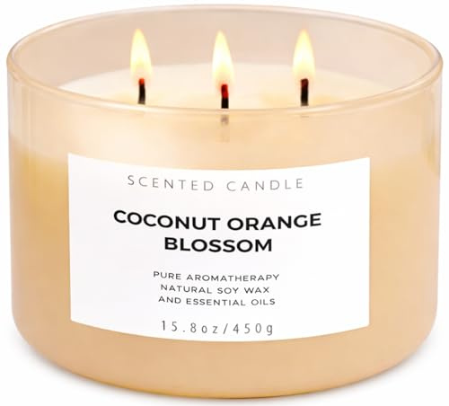 Coconut Orange Blossom Candle | 3-Wick Large Soy Candle 15.8 oz | Creamy Tropical Citrus Floral Scented Candles for Home | Strong Throw, Clean Burn Long Lasting | Aromatherapy Gift for Women