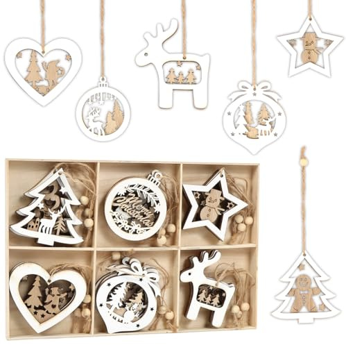 Weihnachtsanhänger aus Holz, 18 Stück, Ornamente aus Holz für Weihnachten, Weihnachtsdekoration, Holz mit Schnur, zum Aufhängen von Fenstern, Wänden und Weihnachtsbaum