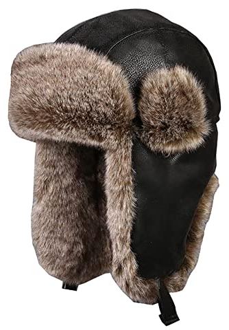 WHSPORT Herren Lederhaube Winter Fliegermütze Unisex Trapper Cap Bomberhut Winddichte Wasserdicht Warm Ohrenklappen Hält Warm Beim Outdoor-Aktivitäten (Color : Black Brown, Size : 58cm/22.83in)