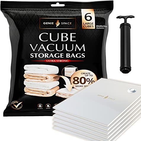 GENIE SPACE Cube Vacuum Storage Bags for Clothes, Bedding and Loft Storage, Large 80×60×32 cm, Airtight, Odour-Proof and Reusable Space Saver Bags with Double Zipper Seal, 6-Pack with Hand Pump