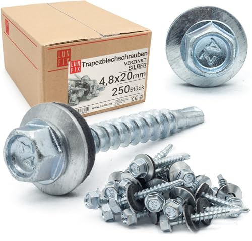 Tornillos autotaladrantes 4,8x20 mm, 250 uds., plata galvanizado | Autorroscantes con arandela y junta estanca para panel sándwich, chapas metálicas y tejado de metal y madera