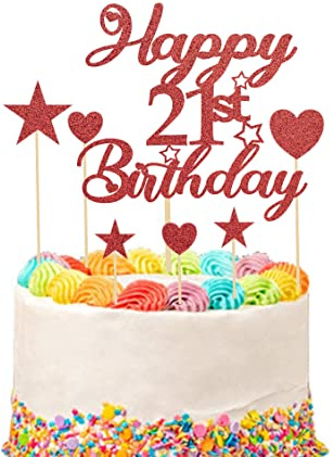Happy 21st Birthday Cake Topper Set, Heart Star Cupcake Picks, Glitter Cake Decoration - 9pcs (Red)