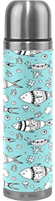 BEUSS Fisch Ozean Tier Cartoon Wasserflasche Wasserkanne Edelstahl Isolierte Isolierflasche Auslaufsicher Leder Verpackung(500 ml)