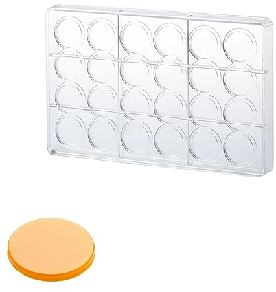 Martellato MA1027 Molde de policarbonato transparente para chocolate con 24 cavidades de disco circular, 33 mm de diámetro x 3,5 mm de alto