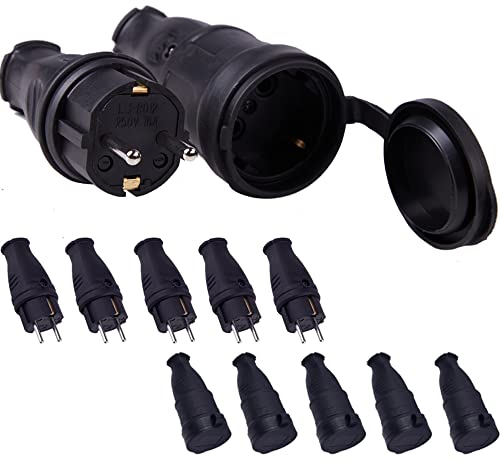 Set di 5 Spina e 5 Presa Professionale Schuko, Protezione IP44, 250V 16A, con Ghiera di Bloccaggio Cavo per Facilitare il Cablaggio, Presa Volante in Gomma Ergonomica, 0,5 – 3 cm², 4000W