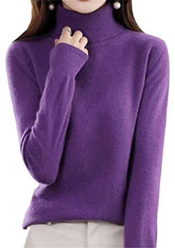 Ruereuu - Suéter de mujer de cachemira, cuello alto, hilo, manga larga, tejido de punto, recortado, Morado Oscuro, XXL