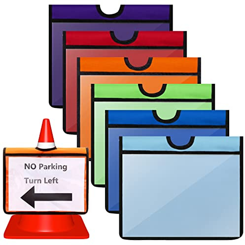 Set of 6 Traffic Cone Sleeve Cone Covers with Pockets Message Sign Sleeve for Caution Outdoor Activity Warning Signals Safety Sports Training, Orange Dark Blue Light Blue Green Red Purple