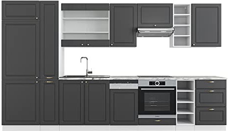 Vicco Küchenzeile Fame-Line, Anthrazit-Gold/Weiß, 355 cm ohne Arbeitsplatte