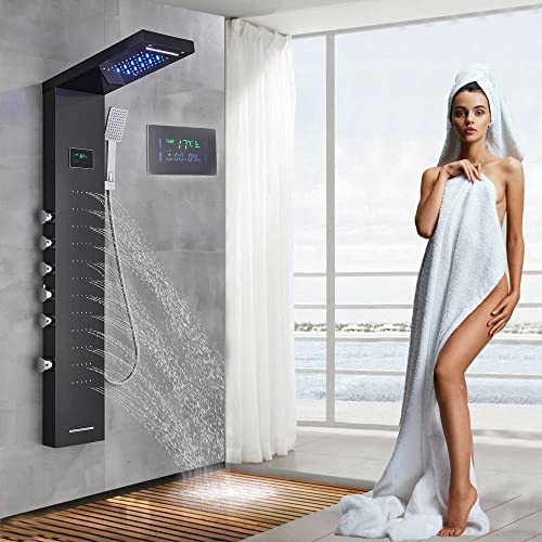 NEWCES Edelstahl-Duschpaneel-Tower-System Regenwasserfall-Massagestrahl-Brausebatterie-Schwarz B