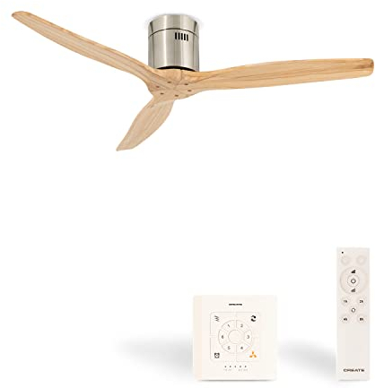 CREATE / WINDCALM M/Deckenventilator ABS Nickel Hellesholzflügel-Optik mit Fernbedienung und Wandschalter / 40W, Leise, Ø132cm, Timer von 1 bis 4 Std., DC-Motor, Sommer-Winterbetrieb