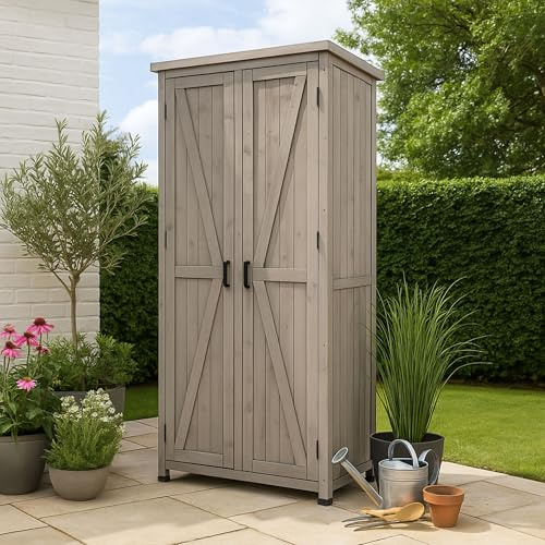 AIRWAVE Wooden Garden Storage Tool Shed | Outdoor Weatherproof Utility Cupboard Cabinet for Tools, Cushions, Toys | Functional Internal Shelves | Louvre Door Design | Spruce Wood (183cm Tall) | Grey