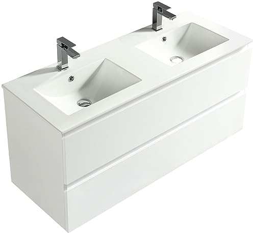 Alpenberger Doppelwaschtisch mit Unterschrank | Doppelwaschbecken Doppelspüle Doppelspülbecken | Waschbeckenunterschrank 120 cm Breit 2 Becken | Badezimmer Waschtisch Weiß | Waschbecken XXL