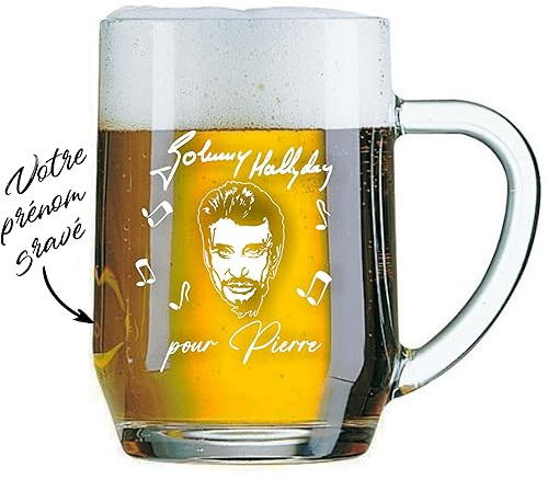 Gravure Events Chope à Bière Johnny Hallyday personnalisée - personnalisable avec le prénom de votre choix qui sera gravé sur verre Cadeau pour Homme fête des pères Saint Valentin Noël anniversaire
