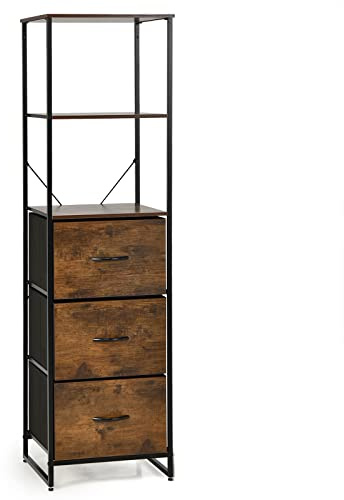 HOMASIS Bücherregal mit 3 Schubladen & offenen Regal, Standregal aus Holz, Büroregal mit Eisenrahmen, Industrie Design Regal für Wohnzimmer, Arbeitszimmer, Büro, 43 x 39 x 156 cm, Vintage Braun