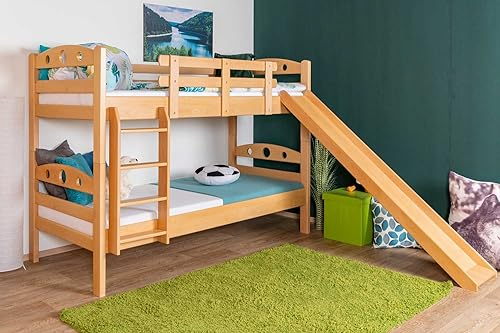 Etagenbett mit Rutsche 90 x 190 cm, Buche Massivholz Natur lackiert, umbaubar in zwei Einzelbetten, Easy Premium Line K27/n
