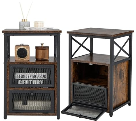 LIFEZEAL Lot de 2 Tables d'Appoint avec 2 Portes de Tiroir Grillagées,Table de Chevet en Bois, Bout de Canapé Style Vintage avec Compartiment à 2 Niveaux, 40 x 35 x 60,5 cm,Marron Rustique