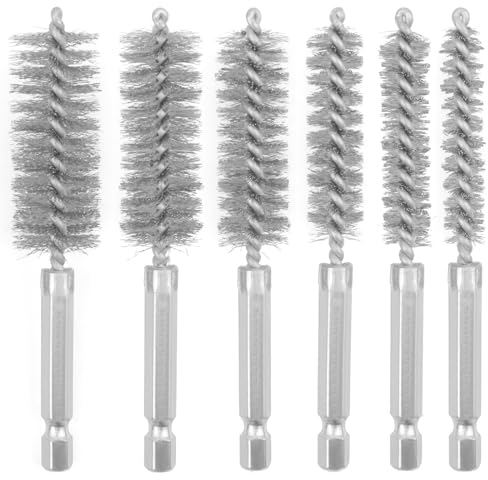 Lot de 6 brosses métalliques en acier inoxydable, 6 tailles de brosses de nettoyage torsadées avec tige hexagonale de 6,35 mm pour nettoyer les tubes, la rouille, les roulements (8, 10, 12, 15, 17, 19