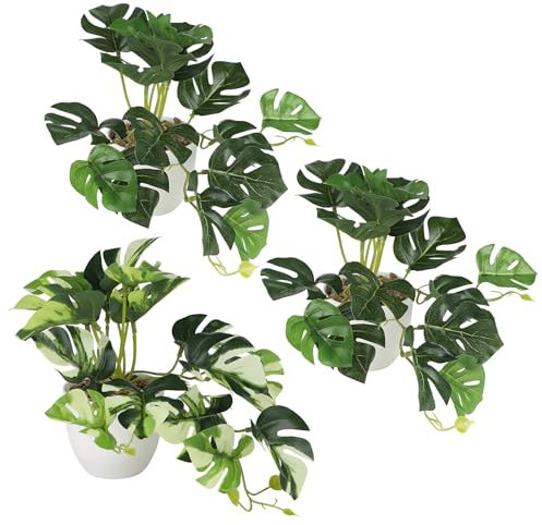 MIGUBIGU 3tlg Künstliche Pflanzen 20CM, Monstera Fake Künstliche Zimmerpflanze Monstera Groß Tropical Splitphilo, Kunstpflanze Splitphilo in Töpfen für Balkon, Zimmer, Wohnzimmer, Badezimmer Deko