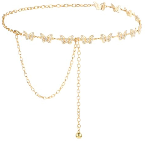 GEEHUA Women Butterfly Waist Chain Belt, Alloy Rhinestone Waist Belt Ladies Dress Belt Fashion Link Chain Belt for Girl Women(Gold)