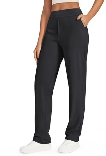 G4Free ShiftReady Yoga Pants for Women Straight Leg Dress Stretch Ladies Work Trousers with Pockets High Waist Business Casual Pull On Smart Trousers(Black,L,Petite)