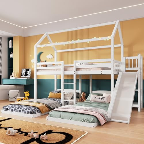 Rtopsu Letto a Castello per Bambini 90x200 cm, Letto a Soppalco con Scivolo, Letti con Scala e Scaffale, Telaio del Letti con Rete a Doghe e Protezione Anticaduta per Ragazzi, Bianco, Senza Materasso