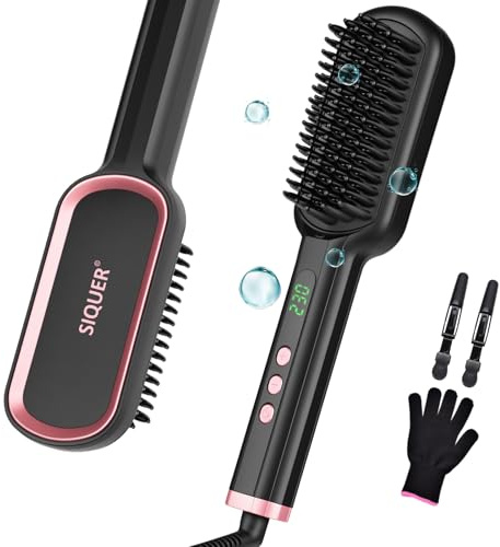 Hair Straightener Brush - SIQUER Ionic Hair Straightening Brush with 13 Temps LCD Display 45s Fast Heating 60mins Auto-Off Anti-Scald Ceramic Hair Straightener Comb for Home Salon, Black