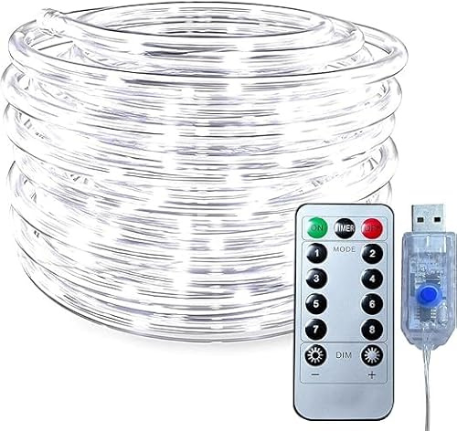 SHANJIA Tubo Luci a Corda, del tubo del LED all'aperto,Impermeabile 8 Modalità USB LED Luce Stringa Fata Luminosa, Luci della corda Outdoor Indoor per Decorazioni di Natale (Bianco, 7m/23ft 50LED)