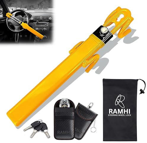 RAMHI Heavy Duty Car Steering Wheel Lock Includes 2 Keys and Car Key Signal Blocker Pouch |Steering Lock | Anti Theft Bar - Universal Fit with 2 Designs Yellow/Black (Yellow)