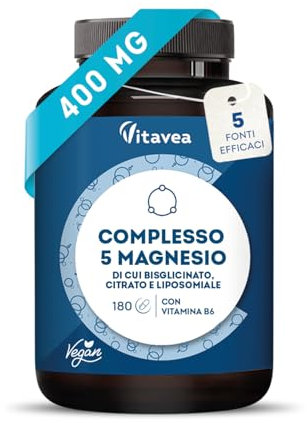 Magnesium Komplex hochdosiert 180 Kapseln - 400mg elementares Magnesium pro Tagesdosis, 5 hochwertige -Formen - Magnesiumcitrat, Bisglycinat, Oxid- Mit Vitamin B6, Vegan, Vitavea