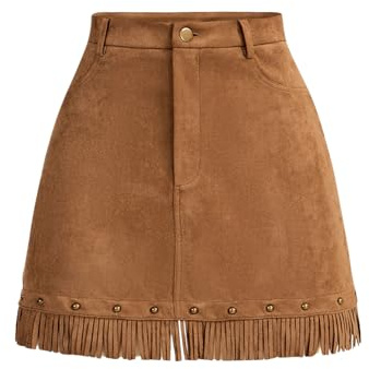 GORGLITTER Women's Faux Suede Fringed Short Skirt High Waisted A Line Flared Party Skirts Brown Large