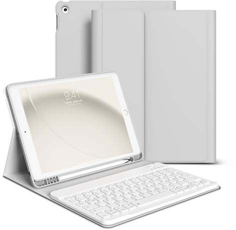 zoyu Hülle mit Tastatur für iPad 9./8./7. Generation 10,2 Zoll, Grau | Abnehmbare kabellose Tastatur, Auto Sleep/Wake für Cover iPad iPad 9./8./7. Generation 2021/2020/2019 Keyboard, QWERTZ Layout