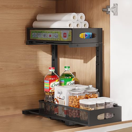 Laphontab Organizer Sottolavello Cucina, Portaoggetti Organizzatore Ripiano Salvaspazio in Metallo a 2 Livelli，Utilizzato Universalmente in Cucine e Bagno, Regolabile in Altezza - Nero (1 Pezzo)