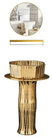CAFIEDR Lavabo de baño de 3 Piezas, de pie, con Columna, de Lujo, con Pedestal Dorado, Grifo y desagüe, y Espejo.(B)