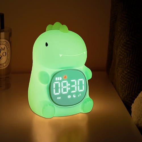 Myratts Dinosaur Alarm Clock with Night Light for Kids, Sleep Training and Sound Machine, Rechargeable Silicone Lamp Wake Up Clock, Cute Animal Tabletop Lamp, Alarm Clocks for bedrooms (Dinosaur)