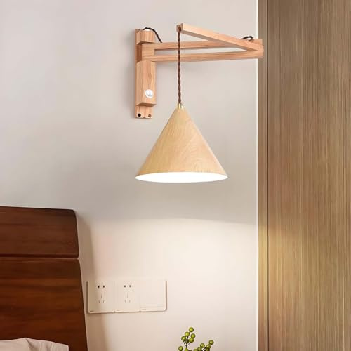 AoLa Holz Wandleuchte Verstellbare, Retro E27 Wandlampe mit Schalter Innen Schwenkarm Wandbeleuchtung Drehbare Lang Arm Leselampe Wand Nachttischlampe für Schlafzimmer Büro Hotel,A