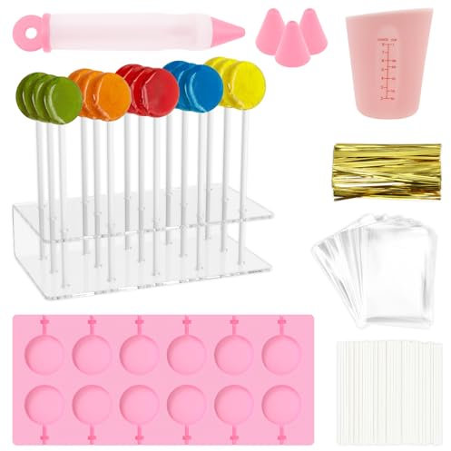 Lot de 304 moules à sucettes en silicone - Facile à utiliser - Moule rond pour bonbons, chocolat, biscuits et gelées (rose)