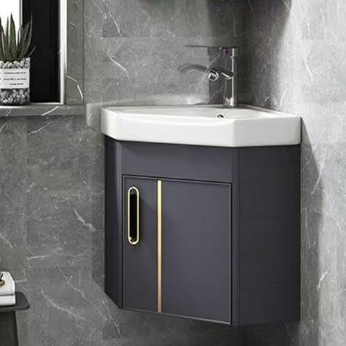 Hggdsac Eckwaschbecken Mit Unterschrank, Badezimmer-Waschbecken, Wandmontiertes Keramik Waschbecken, Warm- und Kaltwasserhahn, Leicht zu reinigen, Einfache Installation (Grau,38cm/14.9in)